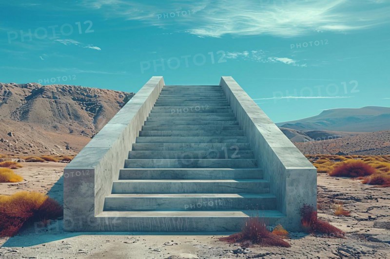 Isolated staircase with geometric shapes, surrounded by desert vegetation under a clear sky, AI generated