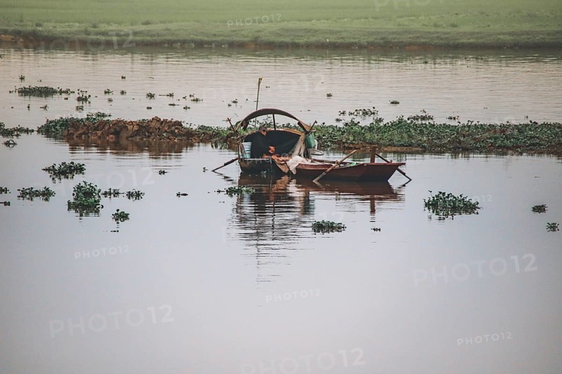 A serene scene with a lone boat on a calm river amidst greenery, Ninh Binh, Vietnam, Asia