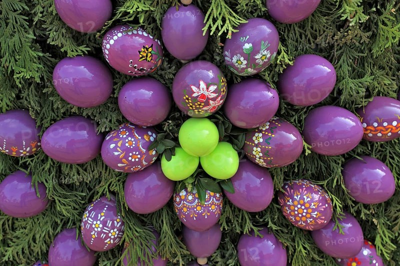 Detail of an Easter fountain in Franconian Switzerland, Bamberg district, Upper Franconia, Germany, many colourful blown-out and dyed eggs as decoration, Easter custom, Europe