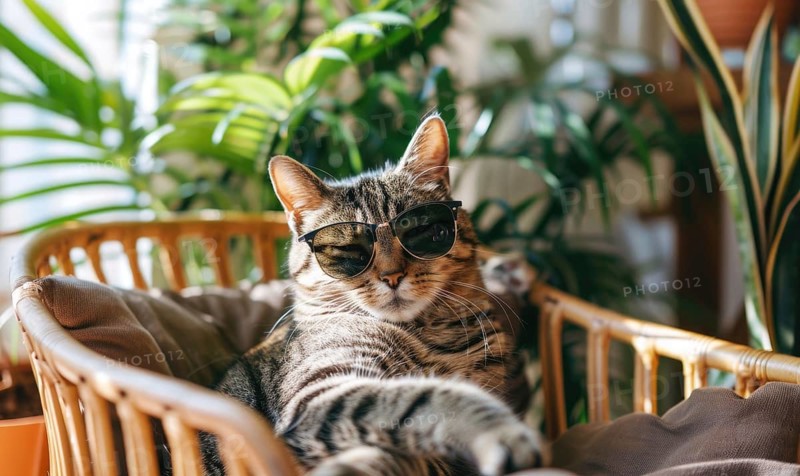 Tabby cat enjoys a lazy moment in a wicker chair, wearing black sunglasses AI generated