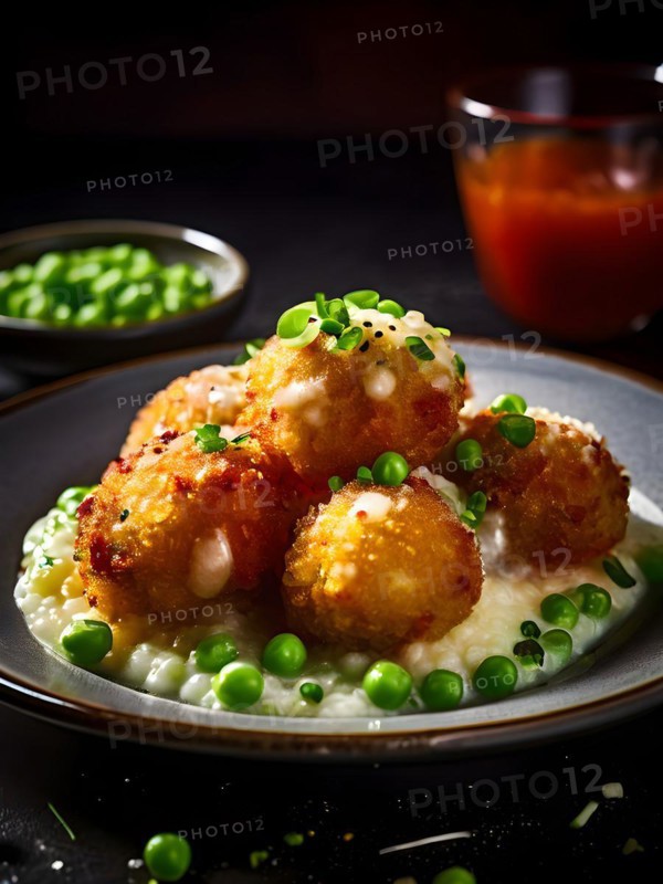 Crispy arancini risotto balls encasing molten mozzarella and green peas, AI generated