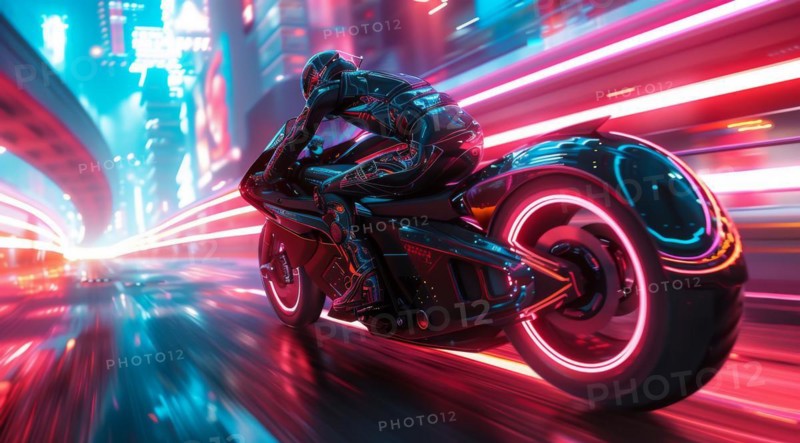 Motorbike rider in black with reflective helmet zooms through a cyberpunk city at night, ai generated, AI generated