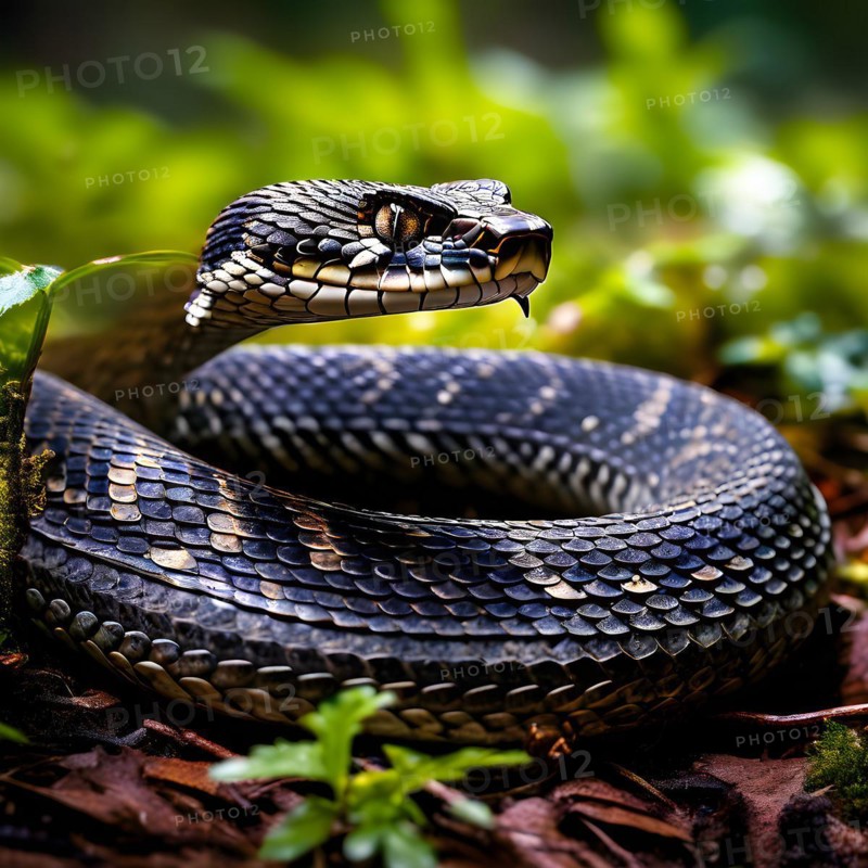 European adder coiled in a striking position showcasing its distinctive patterning, AI generated