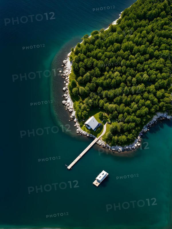 Drone view top down perspective of a minimalist cabin solitary on a secluded island, AI generated, building, architecture, modern