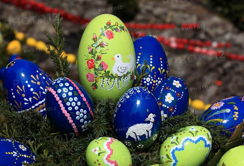 Detail of an Easter fountain in Franconian Switzerland, Bamberg district, Upper Franconia, Germany, many colourful blown-out and dyed eggs as decoration, Easter custom, Europe