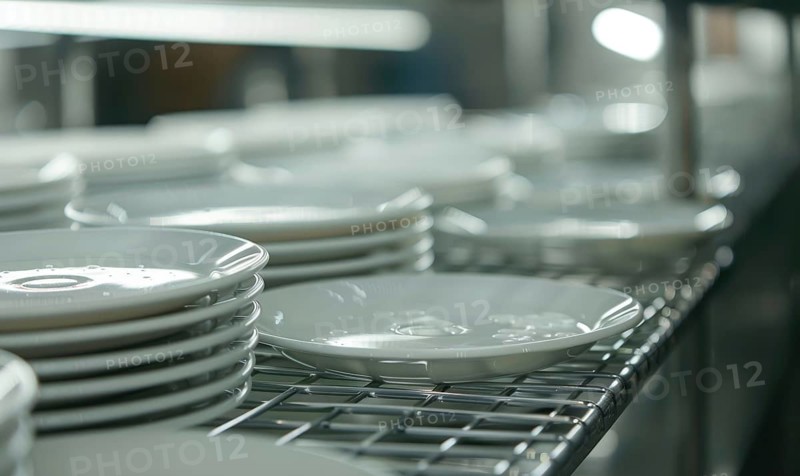 An array of glossy white dishes on metal shelves reflecting light in a kitchen AI generated