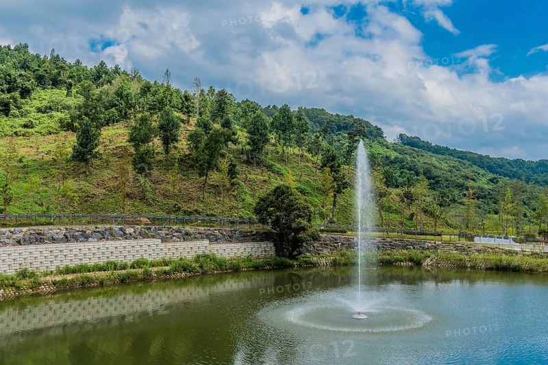 Water fountain in small man made pond under blue cloudy sky in South Korea
