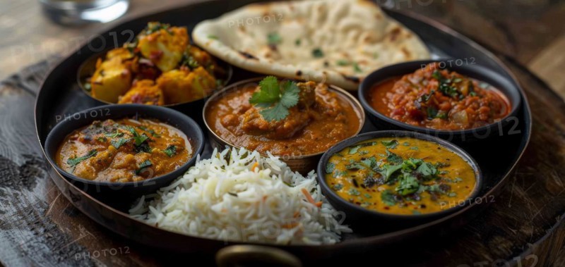 Diverse Indian food selection with curries, naan, and rice in bowls, ai generated, AI generated