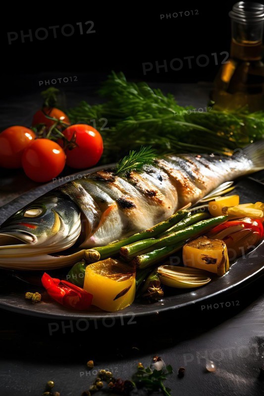 Branzino fish grilled glistening with oils side of lemon herb dressing, AI generated