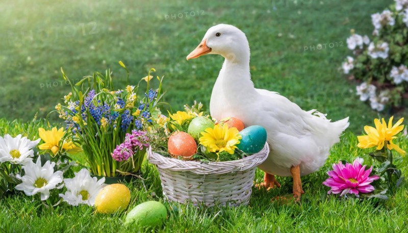 Ai generated, An Easter basket with coloured eggs in a meadow with colourful flowers, in the basket, white duck, domestic duck, symbolic picture Easter, animal children
