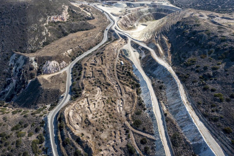 Mineral mining in the mountains near Apollonia, aerial view, Milos, Cyclades, Greece, Europe