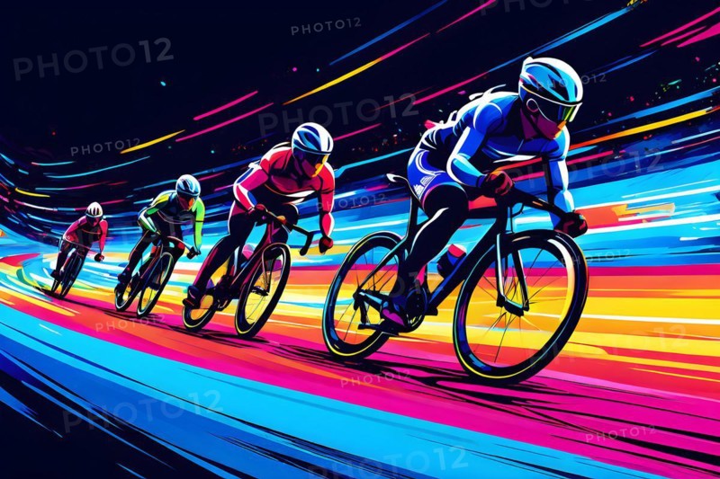 Cyclists in velodrome, neon color line art, AI generated