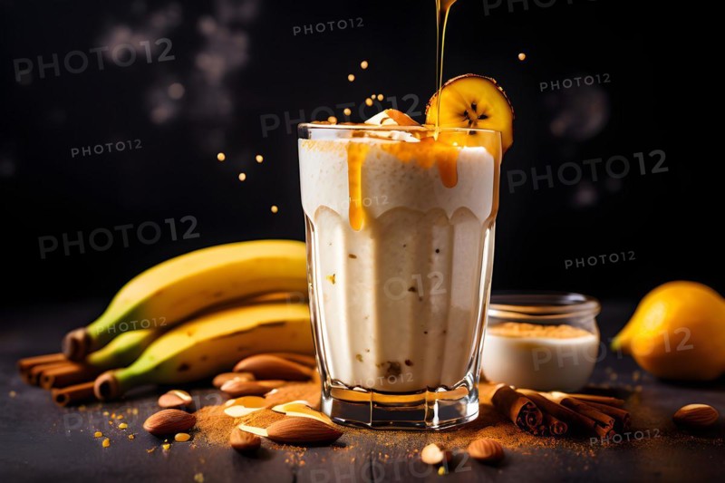 Creamy banana and almond milk smoothie in tall glass honey drizzle cascading, AI generated