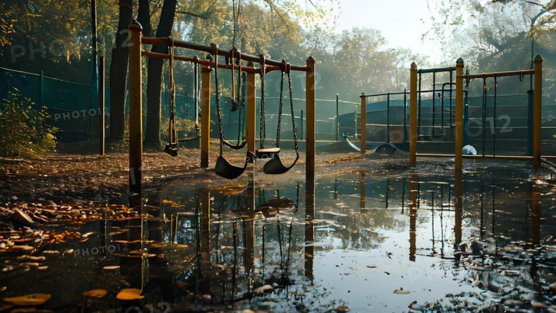 Abandoned playground partially submerged in water due to an overflowing, AI generated