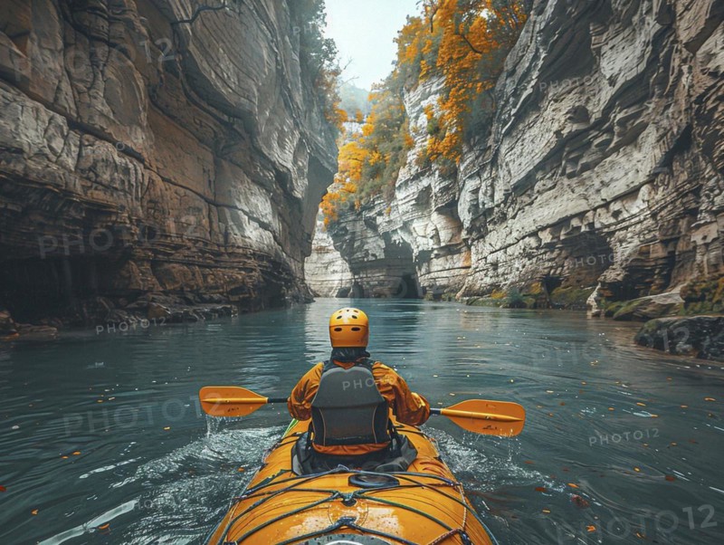 Whitewater riders ride boats through rapids, AI generated
