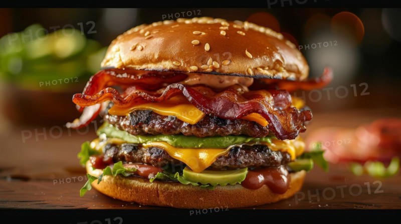 Gourmet triple cheeseburger with bacon, cheese, avocado, and lettuce on a sesame bun, ai generated, AI generated