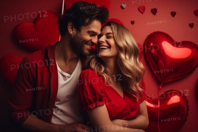 Romantic couple in love with red heart shaped Valentine balloons in background. KI generiert, generiert AI generated