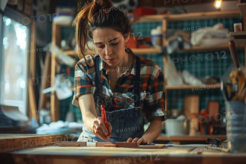 A focused carpenter measuring wood in a creative and illuminated workshop, AI generated