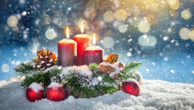 Ai generated, Advent wreath with burning candles, Christmas time, Christmas decoration, 3rd Advent, Third Advent