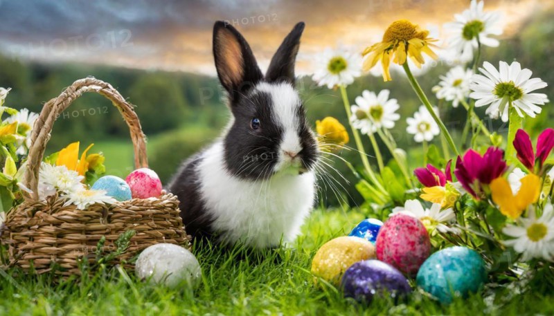 Ai generated, An Easter basket with coloured eggs in a meadow with colourful flowers, in the basket a black and white dwarf rabbit, symbolic image Easter, animal children