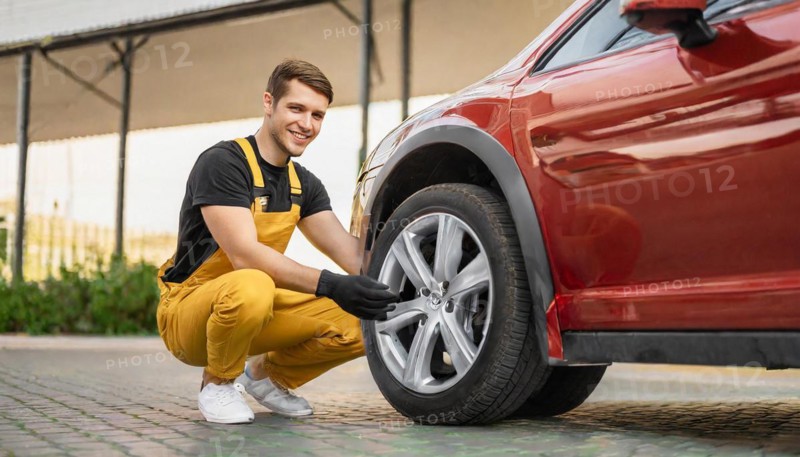 AI generated, A mechanic changes the tyres on a customer's car, tyre fitting, red car