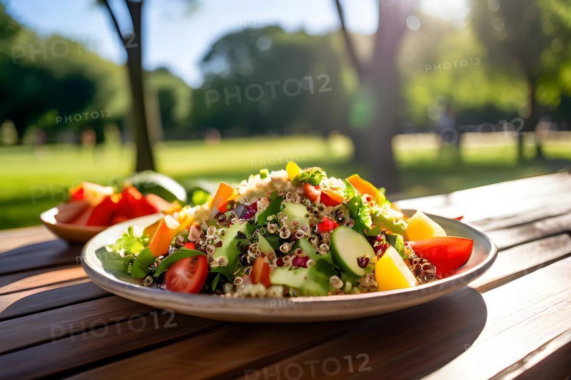 Quinoa salad abounding with colorful vegetables and lemon tahini dressing, AI generated