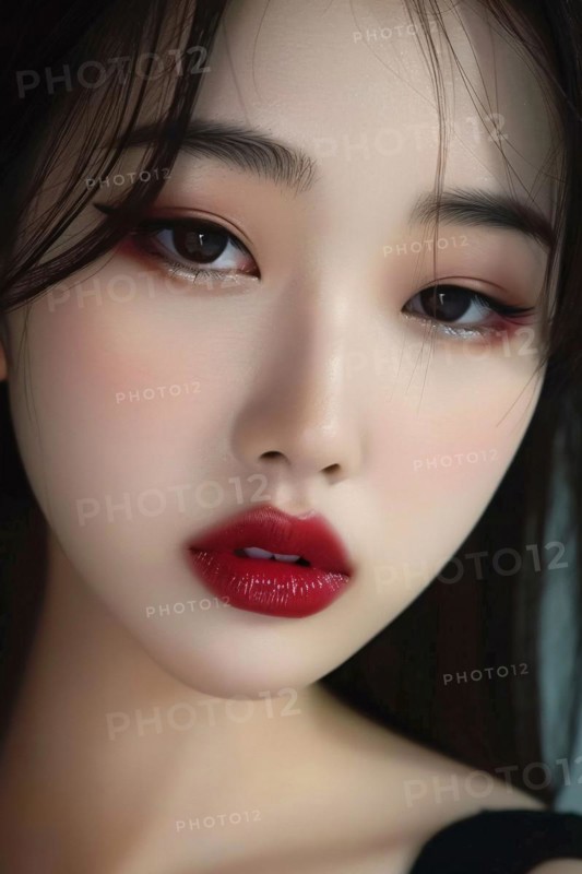Portrait of beautiful young Asian woman with dark long hair, pale skin and red overdrawn lips. KI generiert, generiert AI generated