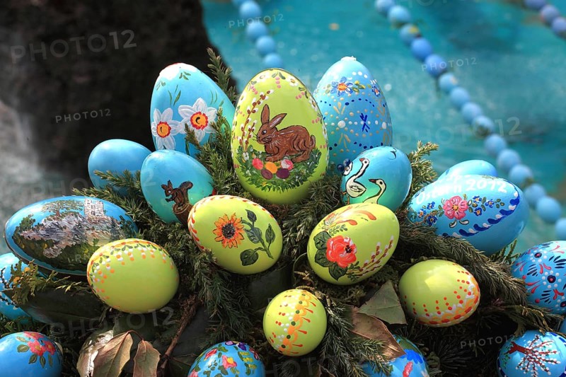 Detail of an Easter fountain in Franconian Switzerland, Bamberg district, Upper Franconia, Germany, many colourful blown-out and dyed eggs as decoration, Easter custom, Europe