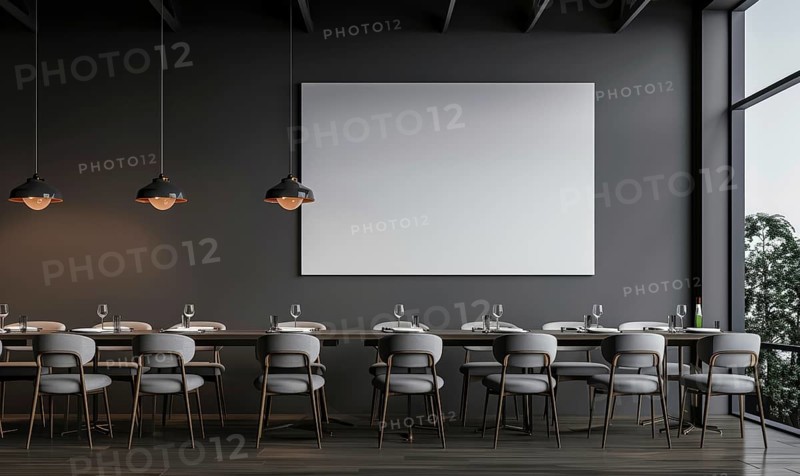 Contemporary dining area with large frame, pendant lights, and monochrome color scheme AI generated