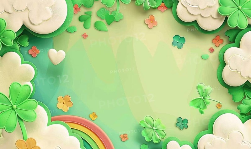 A cheerful scene with a pastel rainbow, clouds, hearts, and shamrocks AI generated