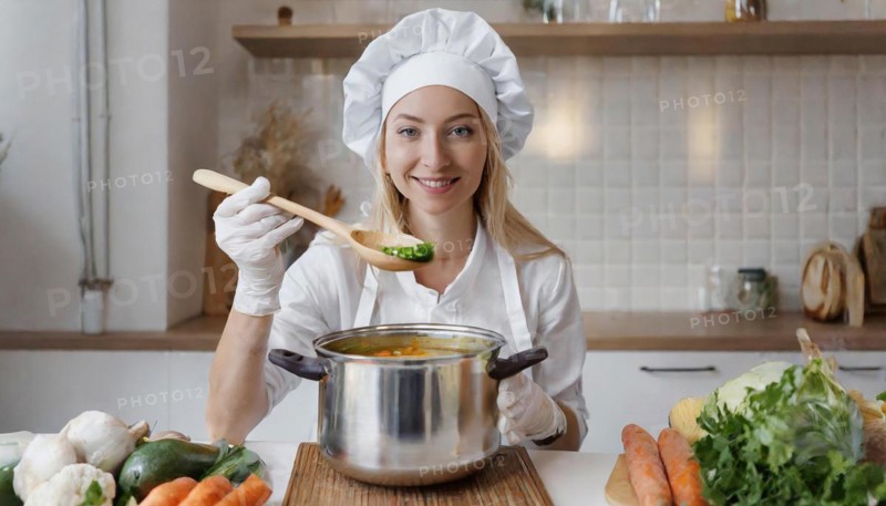 AI generated, An attractive blonde cook in the kitchen of a hotel tastes a vegetable soup