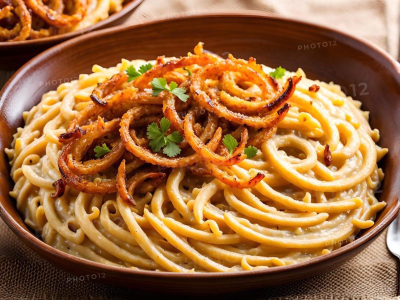Spaetzle topped with creamy cheese, garnished with golden-brown, crispy fried, AI generated