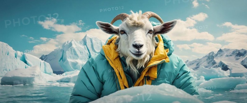 Goat dressed in a yellow puffer jacket amongst icebergs, evoking a whimsical feel, alone isolated in the artic sea. Environmental and climate change issues concept, AI generated
