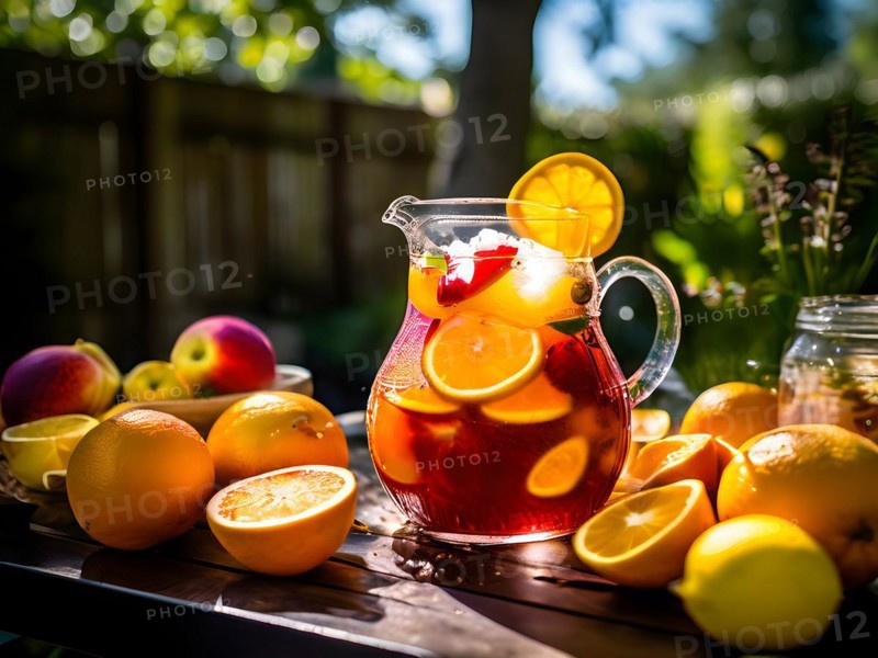 Sangria pitcher brimming with oranges lemons apples, AI generated