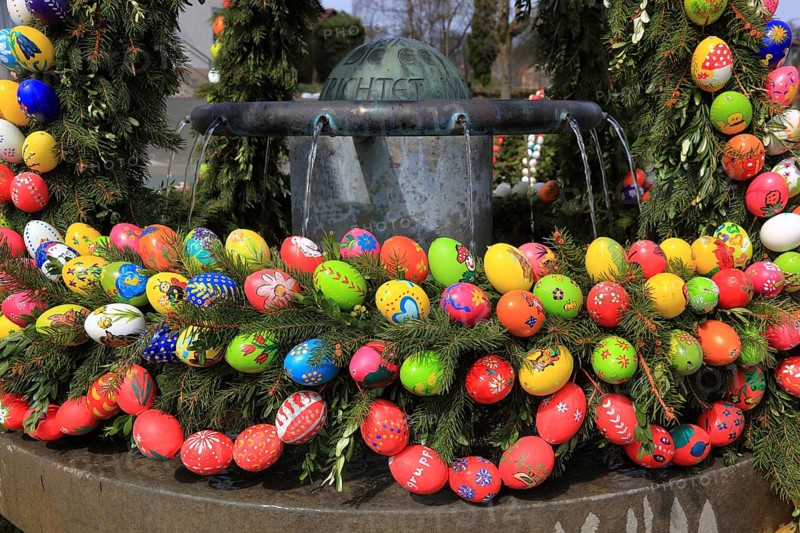 Detail of an Easter fountain in Franconian Switzerland, Bamberg district, Upper Franconia, Germany, many colourful blown-out and dyed eggs as decoration, Easter custom, Europe