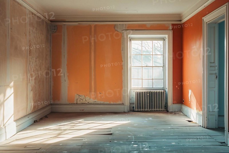 Sunlit empty room with orange walls, peeling paint, and wooden floor, AI generated