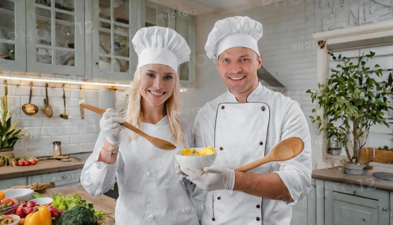AI generated, Two attractive chefs in the kitchen of a hotel, man and woman