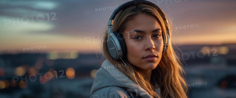 Focused caucasian blonde woman with headphones wearing a hoodie against a city backdrop at dusk, bokeh blurred background, horizontal aspect ratio, AI generated