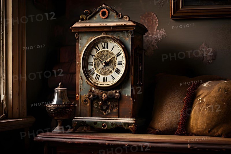Vintage cuckoo clock peeling paint rusty textures testament to its history and character, AI generated