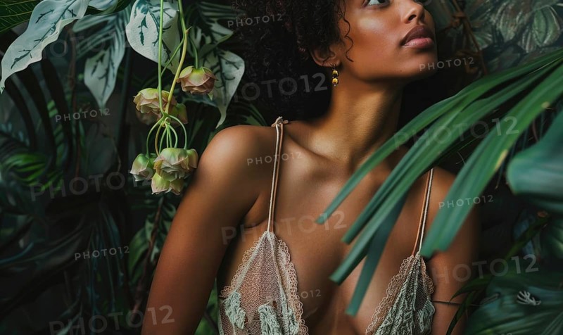 Model in a lace dress surrounded by exotic plants creates an intimate mood AI generated