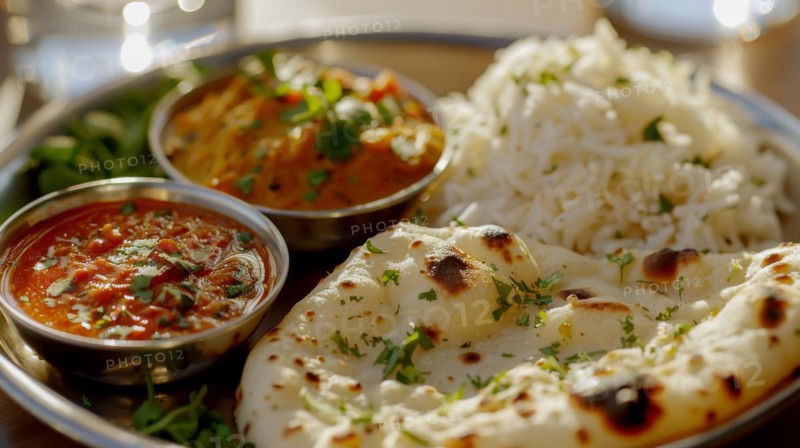 A sunlit Indian thali featuring curry, rice and naan bread for a fresh lunch, ai generated, AI generated