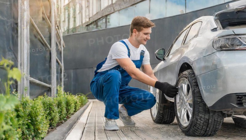 AI generated, A mechanic changes the tyres on a customer's car, tyre fitting, silver car