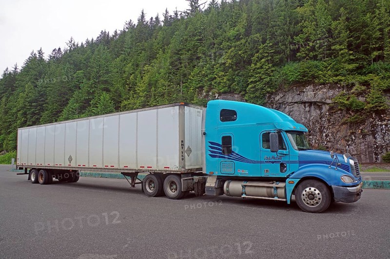 Giant truck with ten wheels, Truck, Yellowhead Highway, British Columbia, Canada, North America