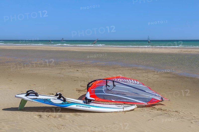 Surfboard and surfer, Playa de Sotavento, Costa Calma, Fuerteventura, Canary Island, Spain, Europe