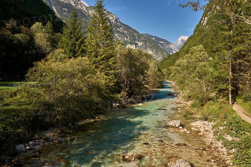 River Soca in the Trenta Valley, on the right a hiking trail through the Soca Valley, Trenta Valley, Triglav National Park, Julian Alps, Alps, Slovenia, Europe