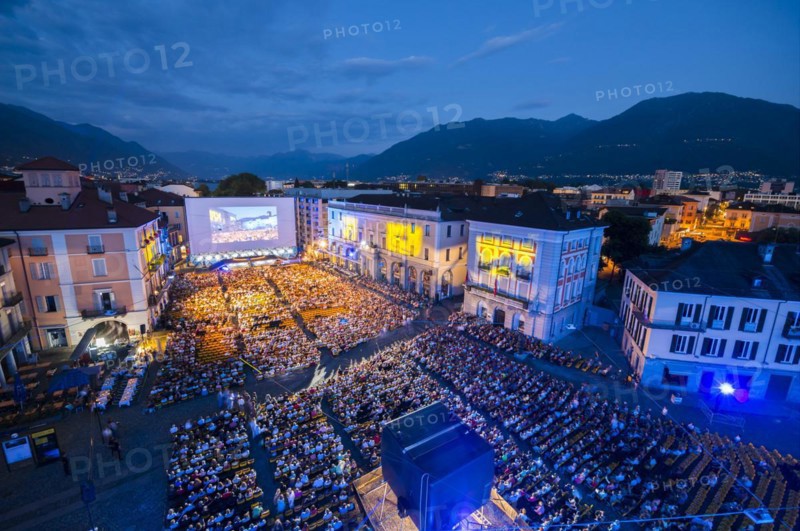 Aerial View over Film Festival Locarno in Blue Hour in Ticino, Switzerland, Europe