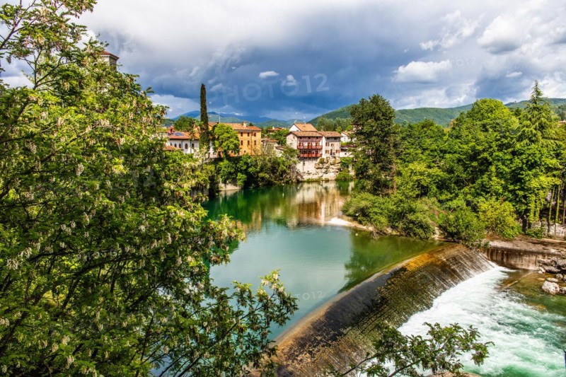 View from the 15th century Ponte del Diavolo leading over the Natisone river into the historic centre, Devil's Bridge, Cividale del Friuli, city with historical treasures, UNESCO World Heritage Site, Friuli, Italy, Cividale del Friuli, Friuli, Italy, Europe