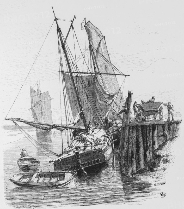 Wadden Ewer, North Sea, East Frisia, two-master, sailing ship, flat bottom for coastal waters, Lower Saxony, jetty, horse-drawn carriage, freight loaded, Germany, historical illustration 1880, Europe