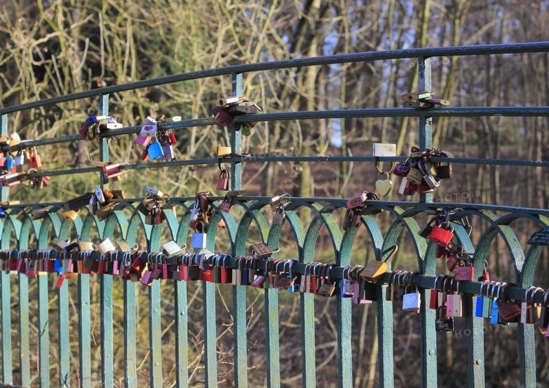 Love locks on the railing of a bridge, North Rhine-Westphalia, Germany, Europe