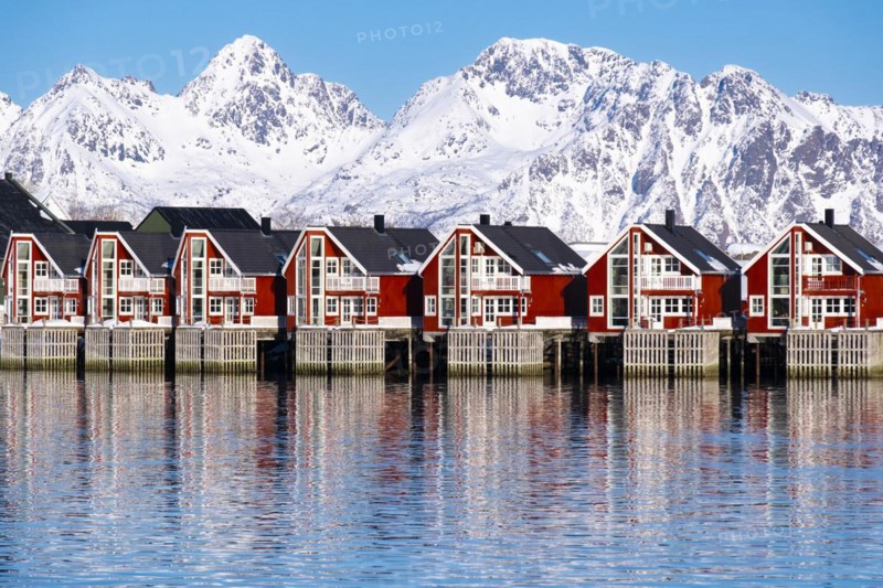 Lofoten, Norway. Solvaer, Nordland province. Holiday flats by the harbour basin, Svolvaer, Nordland, Lofotoen, Norway, Europe